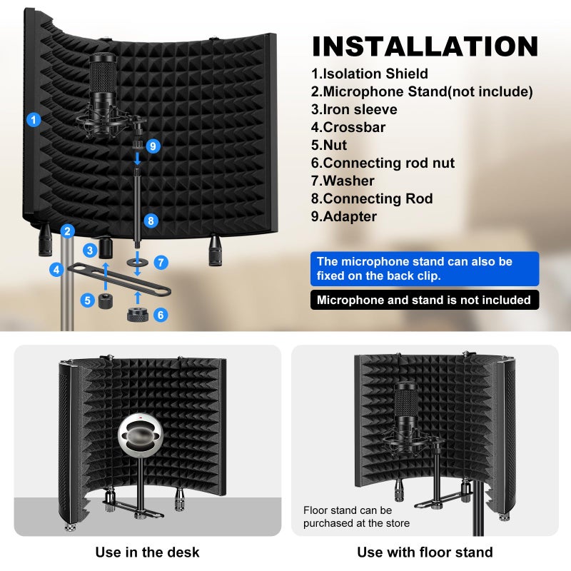 Aokeo Studio Recording Microphone Isolation Shield, Pop Filter.High density absorbent foam is used to filter vocal. Suitable for blue yeti and any condenser microphone recording equipment - Image 2